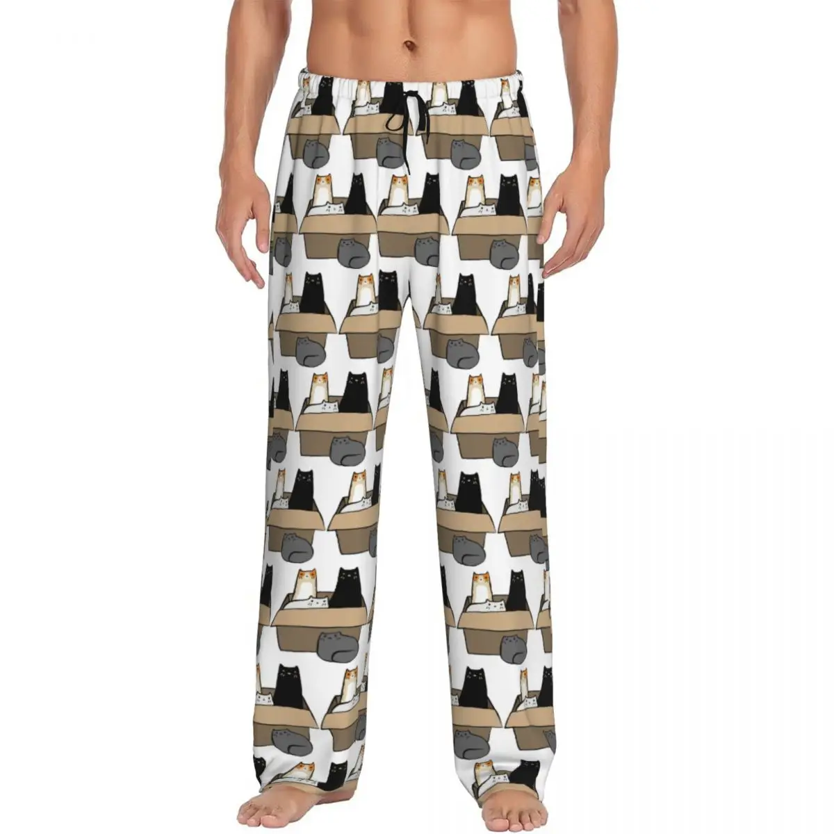 

Пижамные штаны «Кошки в коробке» на заказ, мужская одежда для сна, штаны для сна с карманами