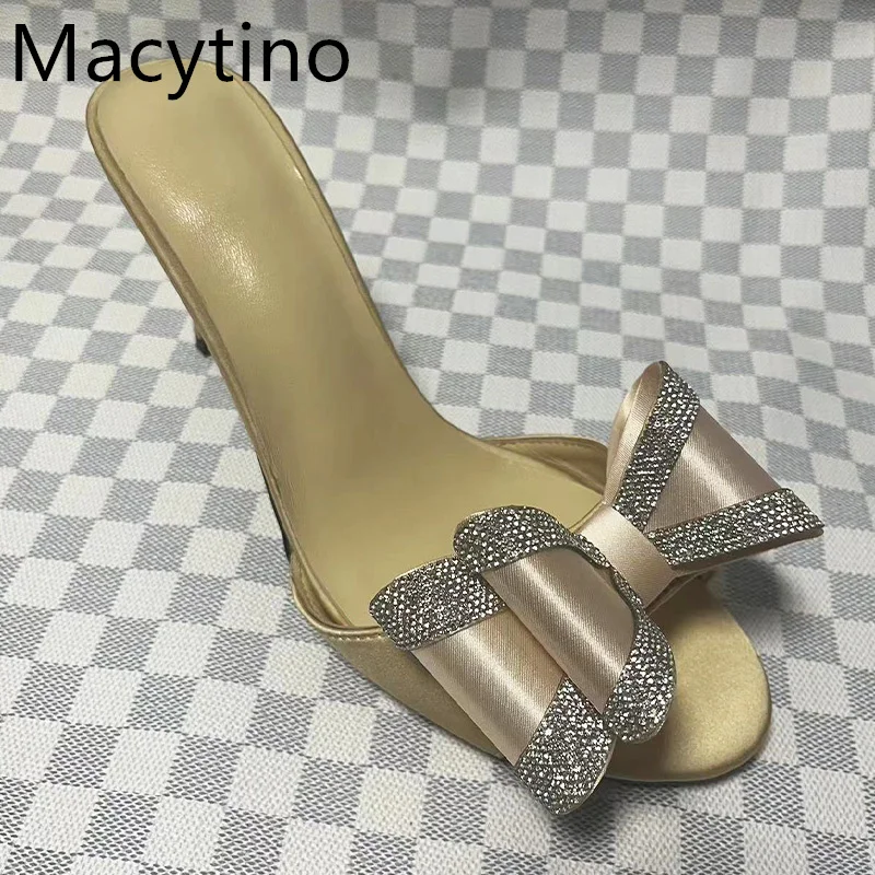 2024 Summer New Bow Diamond Sexy Sandals Women\'s  Open Toe Fashion High Heels Slippers