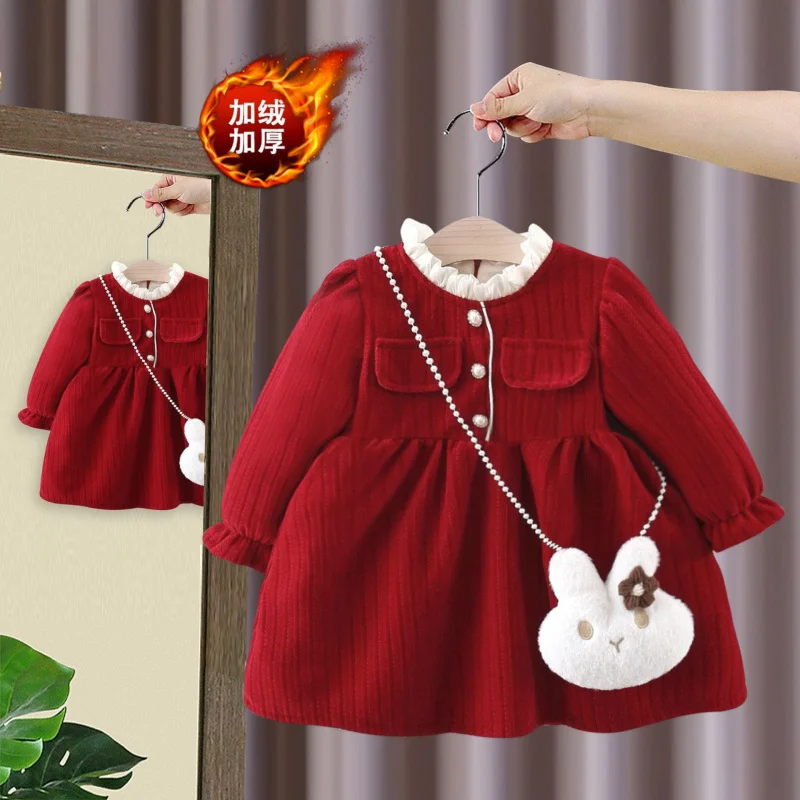 

Girls' Clothing Red Velvet Thickened Dress for Children Baby Red New Year Dress Princess Dress4571