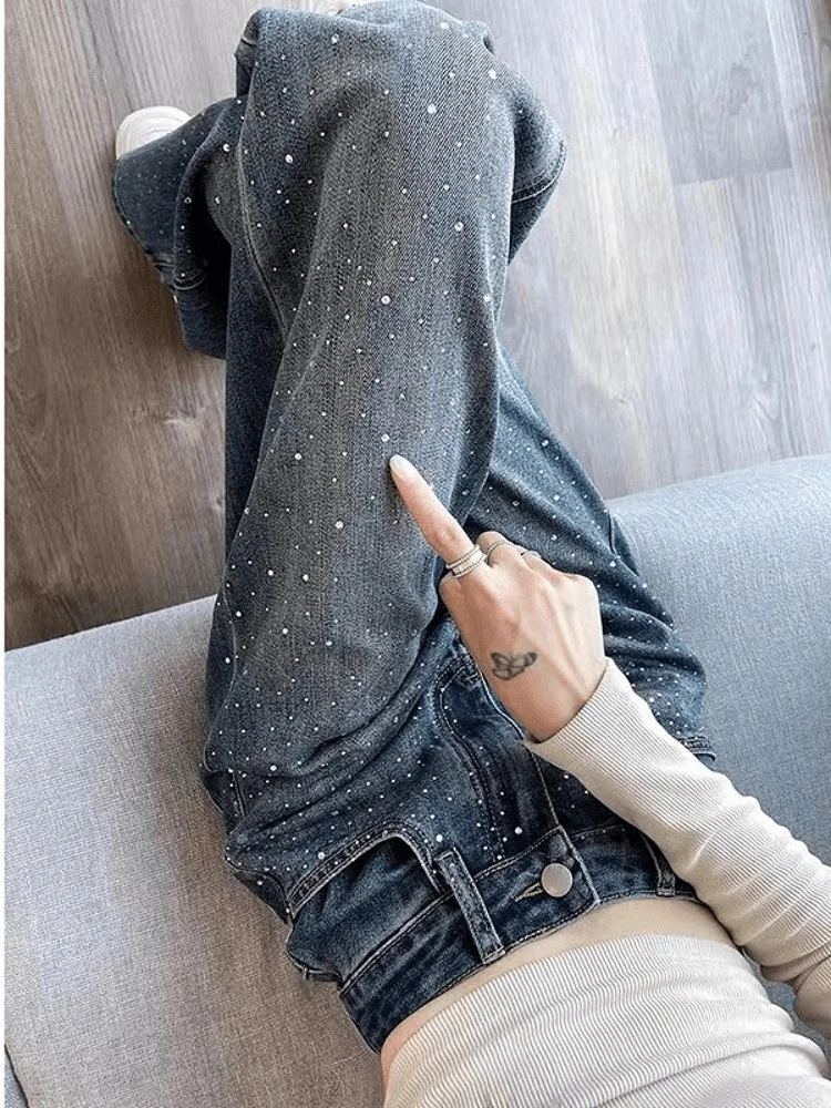 

Heavy Duty Straight Leg Denim Jeans Women's Loose Slimming Wide Leg Floor Length Pants Autumn New Style High Waist Cotton Blend
