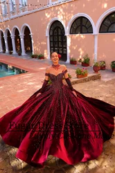 Red Wine Princess Quinceanera Dresses Strapless Elegant Velvet long off shoulder Beaded Embellishments Vestidos De 15 Anos 24