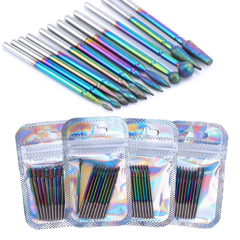 10 stks Rainbow Diamond Burr Frees Nail Boren Set Coating Carbide Cuticle Clean voor Elektrische Manicure Pedicure