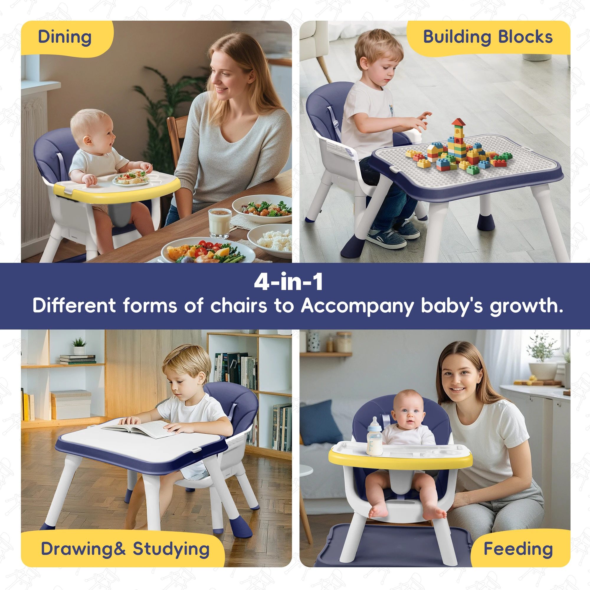 Convertible 5-in-1 High Chair for Babies And Toddlers - Building Block Table Kids Learning Desk & Chair Set with Easy Clean Cushion And Removable Tray 5-Point Harness - view 4