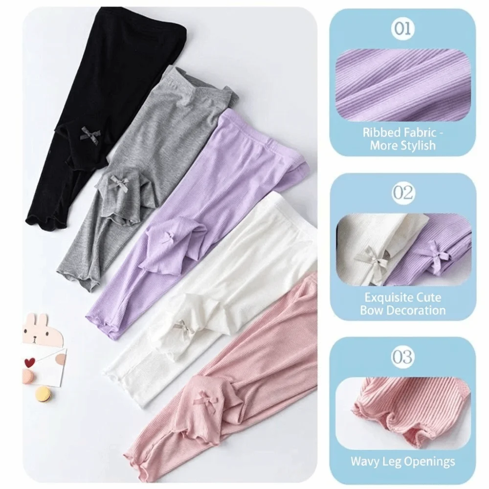 Solid Color Girls Capri Leggings Soft Stretch Anti Roll Hem Toddler Girl Leggings Bow Breathable Girls Leggings Summer Wear