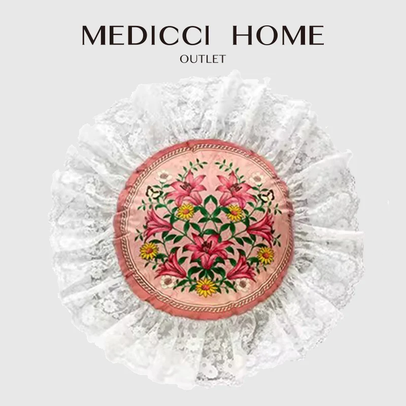 Medicci Home French Pastoral Hand Painted CD Style Cushion Cover 2024 Spring Trend Pillowcase Round Pillow Case With Lace Fringe