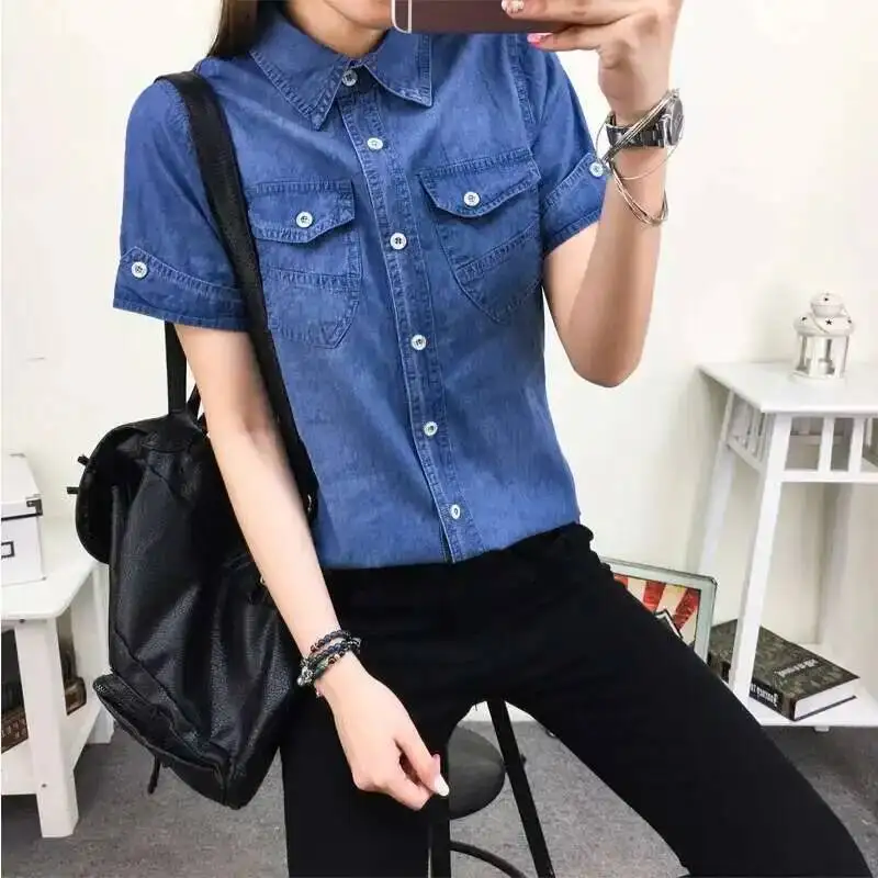 #0118 2025 Summer Cotton Denim Shirt Women Short Sleeve Slim Fit Preppy Style Casual Jeans Shirt Ladies Basic Blouse Shirt Slim