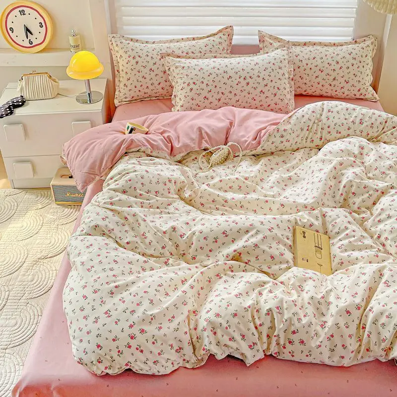 

Floral Blue Bedding Set No Filler Ins Style Duvet Cover Pillowcase Flat Sheet Single Twin Queen Size Boys Girls Bed Linens