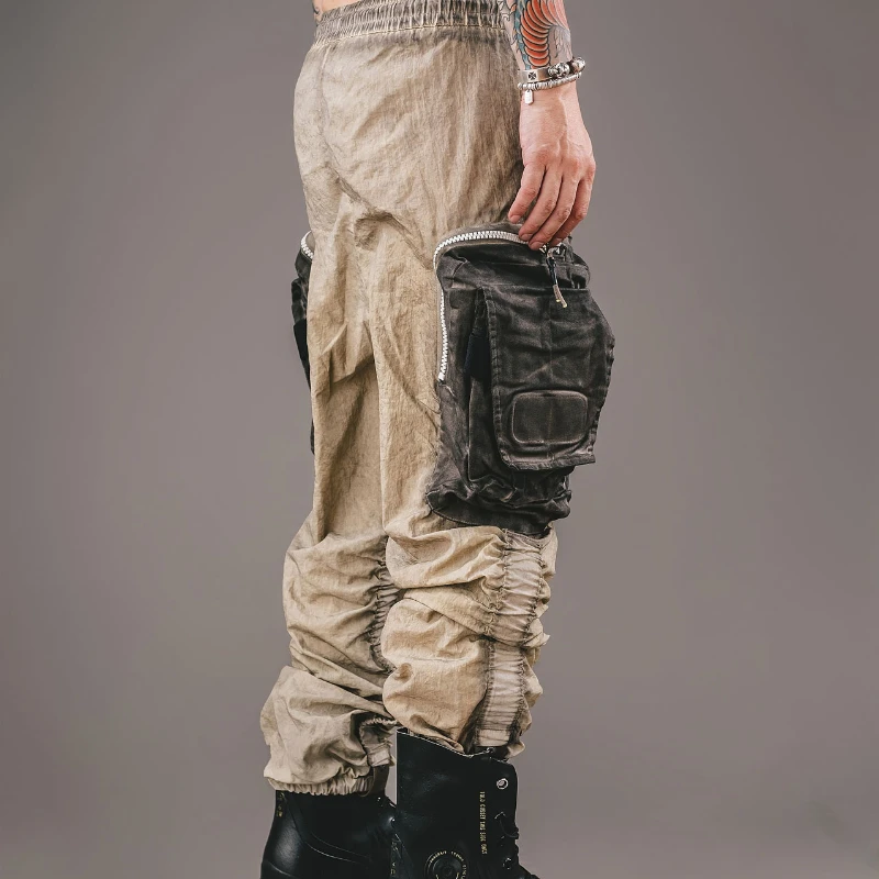 Worn Looking Washed-out Wasteland Style Clothes Woman Techwear Big Pocket Drawstring Cargo Pants Motorcycle Biker Men's Trousers