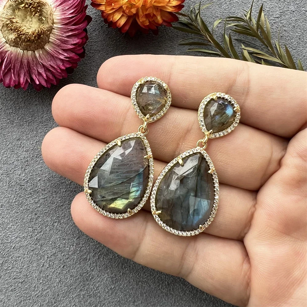 Labradorite Earrings Micro CZ Pave Large Faceted Gemstone Crystal Birthday  Mother Gift Bridesmaid Jewelry