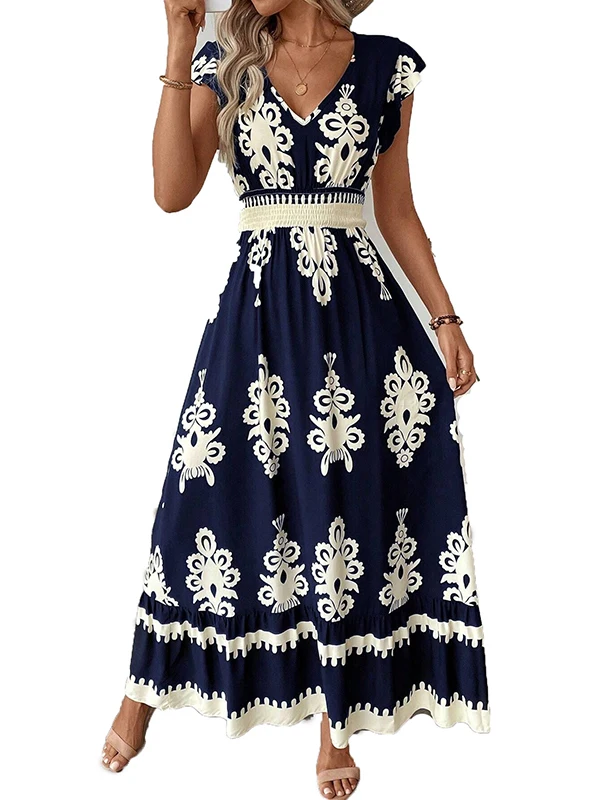 Ele V-ne Printed Waist-cinching Holiday Sle Dr Summer New Faion Fly-sve Long Dr Soft Polyester Fabric