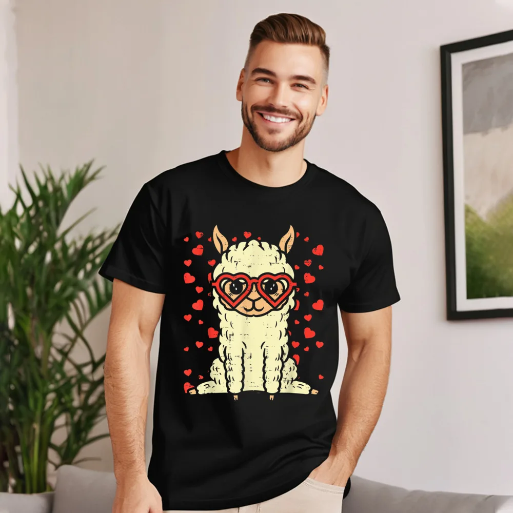 Heart Glasses Llama Cute Alpaca Tees Family Crewneck Slogan Short Sleeve Pure Cotton Female T Shirts Family Tee-Shirt