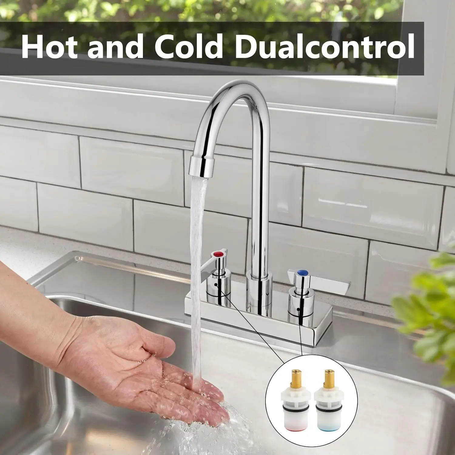 Bar Sink Faucet 4' Center Deck Mount, 2-Hole, Dual Handle, Polished Chrome