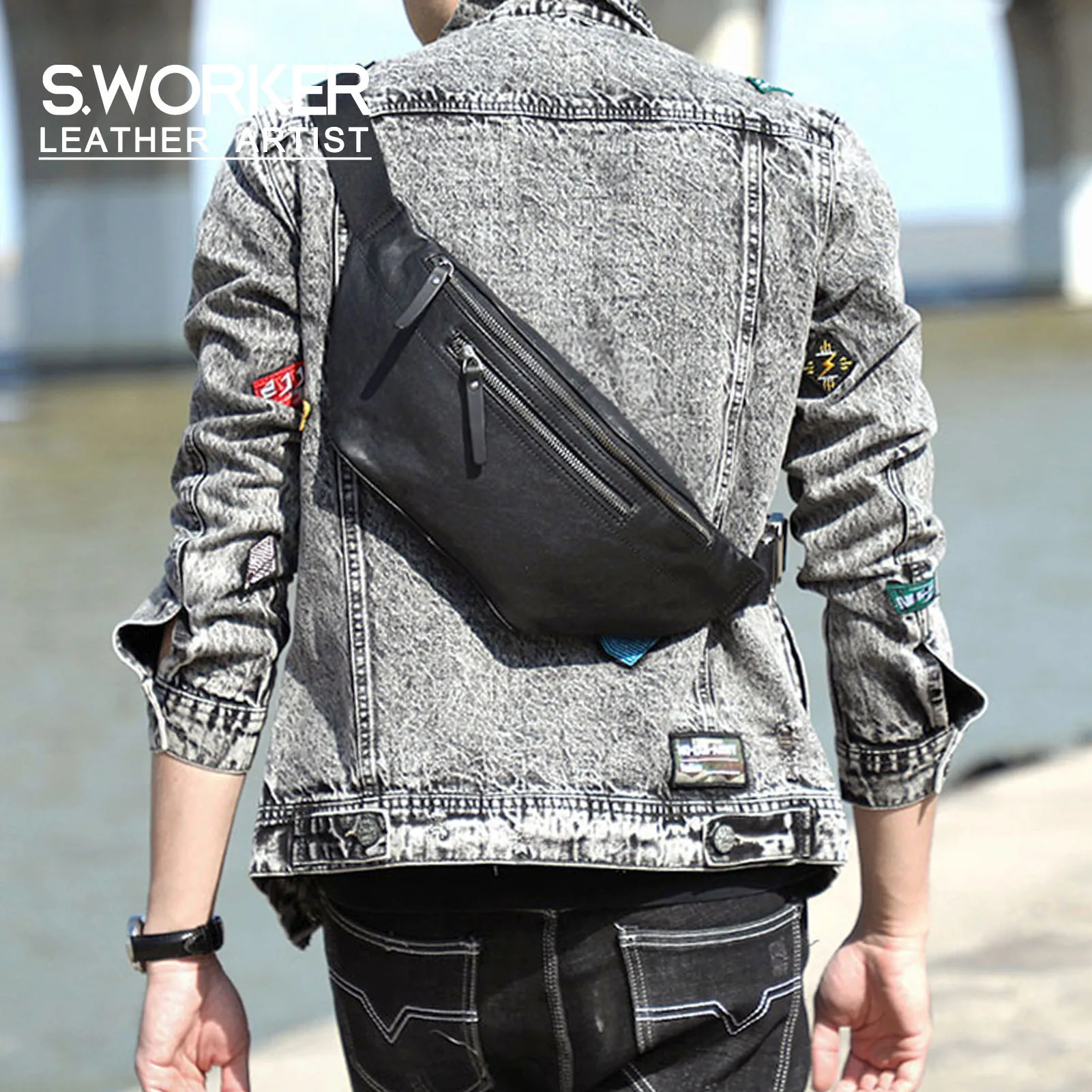 S.WORKER Lässige Herren-Brusttasche aus hochwertigem Leder | Modische Umhängetasche für Herren aus echtem Leder – Detail 2