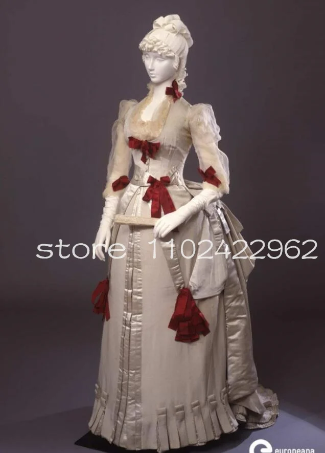 Ivory Ruched Victorian Prom Dress for Women1860s Civil War Era Vintage Cosplay Scarlett Evening Gown Costume Red Bow