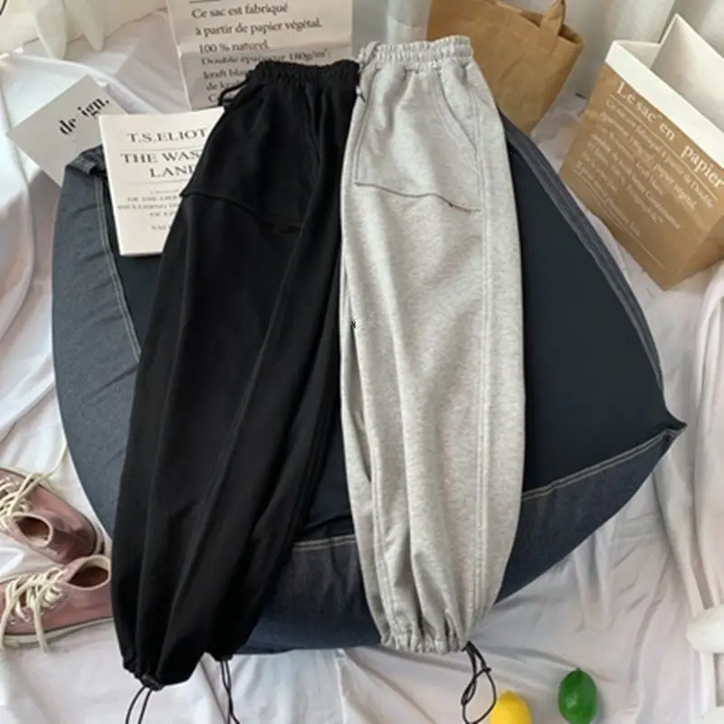 2023 New Spring and Autumn Fashion High Waist Lace Up Casual Loose Solid Color Versatile Drawstring Tied Feet Cropped Sweatpants