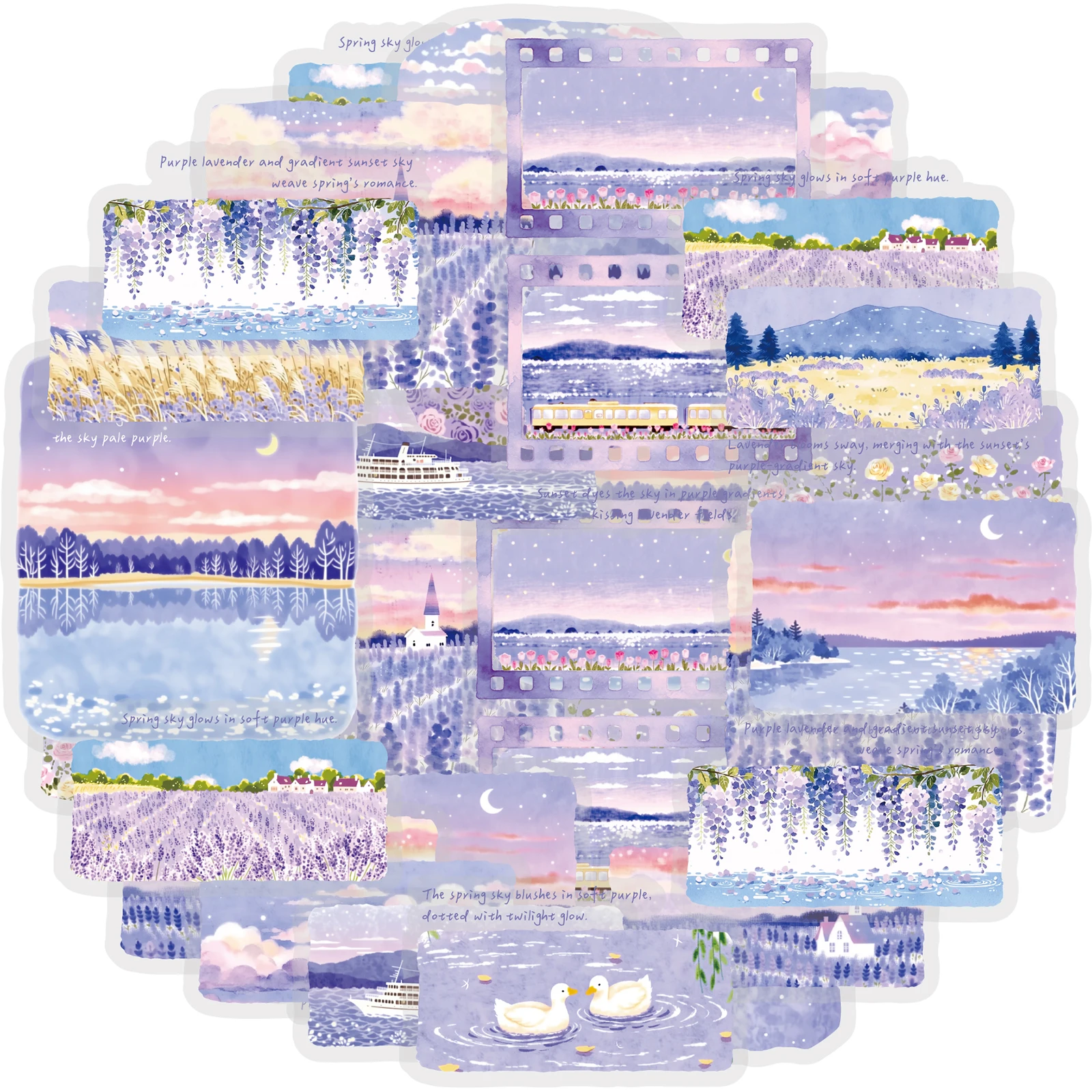 Etori Life 30 pegatinas decorativas DIY de paisajes de lavanda púrpura, ideales para portátiles, maletas, botellas de agua, guitarras, álbumes de fotos, suministros para scrapbooking, decoración de habitaciones, accesorios de decoración de oficina, arte e