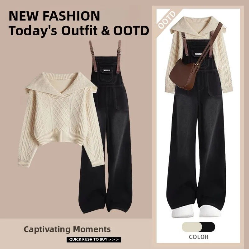 

plus Size Women's Korean Sle Autumn Winter Slimming Sweater Set Casual Loose Top with Overalls Two Piece Set Faionable Co...