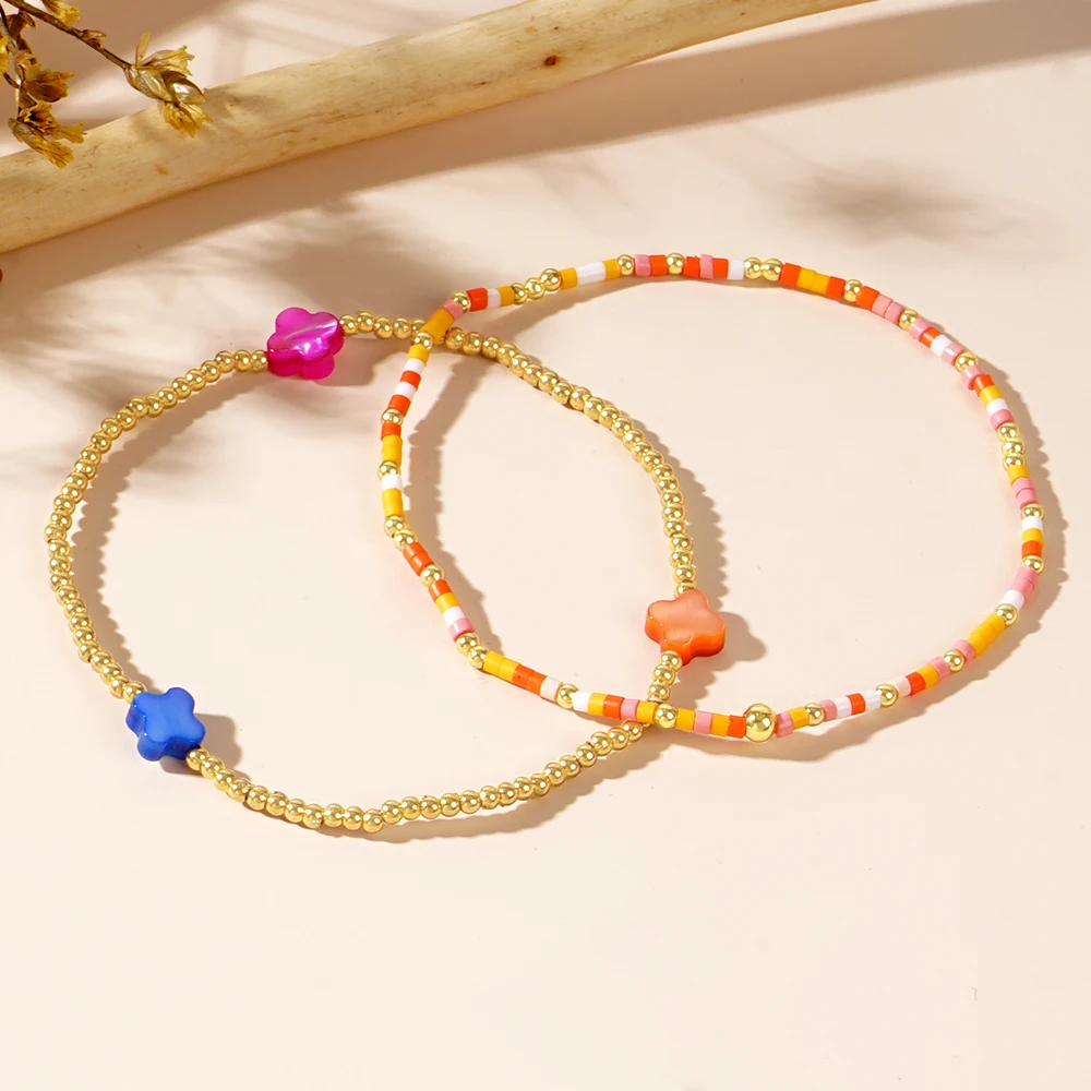 2pcs/set Colorful Xiaomi Beads Shell Clover Color Random Summer Bracelet Bohemian Vacation Style Girl Daily Gift Giving