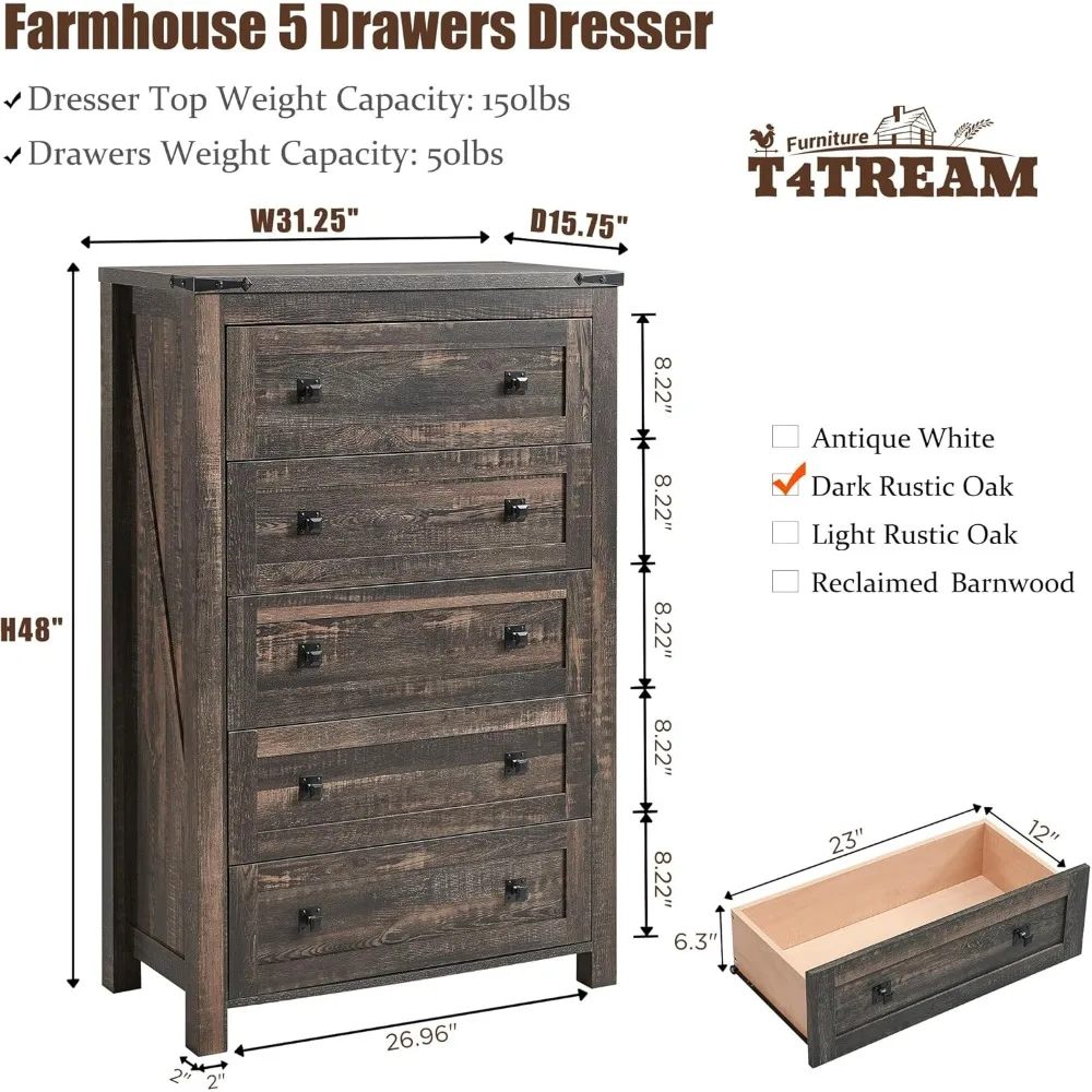 Farmhouse 5 Drawers Dresser Chests for Bedroom, Wood Rustic Tall Chest of Drawers, Dressers Organizer for Bedroom