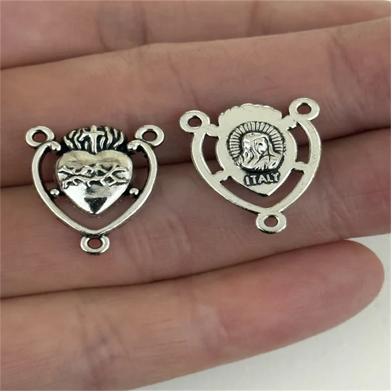 12/20pcs Silver Plated Catholic Sacred Heart Porous Connectors DIY Charms Rosary Necklace Bracelet Jewelry Crafts Making
