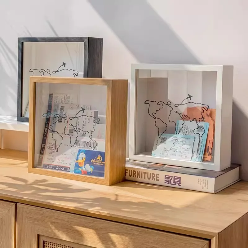 Wooden Shadow Box Frame World Map Travel Ticket Display Box, Deep Memory Frame for Concert Ticket Keepsake Table Wall Decor
