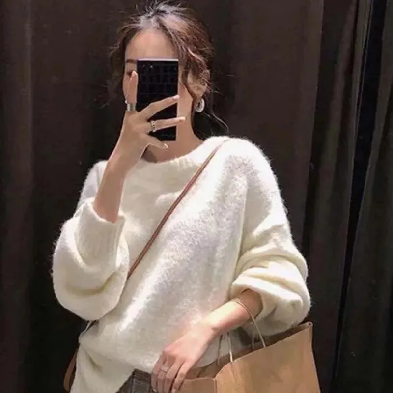 Polychrome Pink Women Sweater Womens Winter Sweaters Pullover Female Knitting Overszie Long Sleeve Loose Knitted Outerwear White