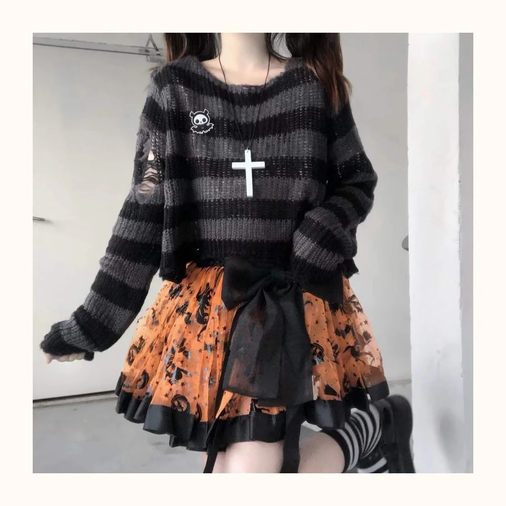 Y2K Pink Striped Gothic Sweaters Women Ripped Holes Loose Knitted Pullover Frayed Fairy Grunge Jumpers Emo Streetwear Lolita