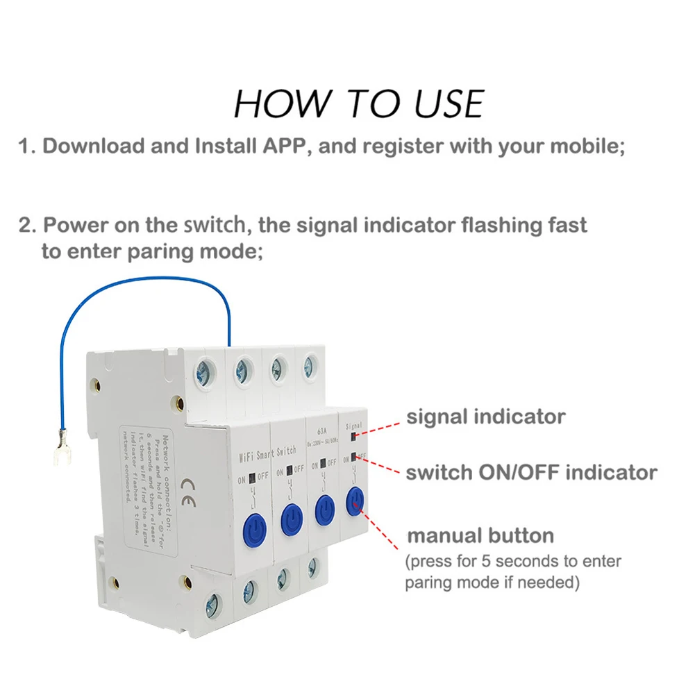For Ewelink Supported WiFi 4 Channel Smart Switch AC90-280V 63A DIN Rail Mount 2.4GHz White PC Flame Retardant
