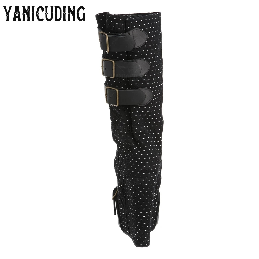 منصة إسفين صندل الأحذية جولة المفتوحة تو التوى حذاء برقبة للركبة أبيض وأسود البولكا نقطة حزام مشبك أحذية الصيف للنساء