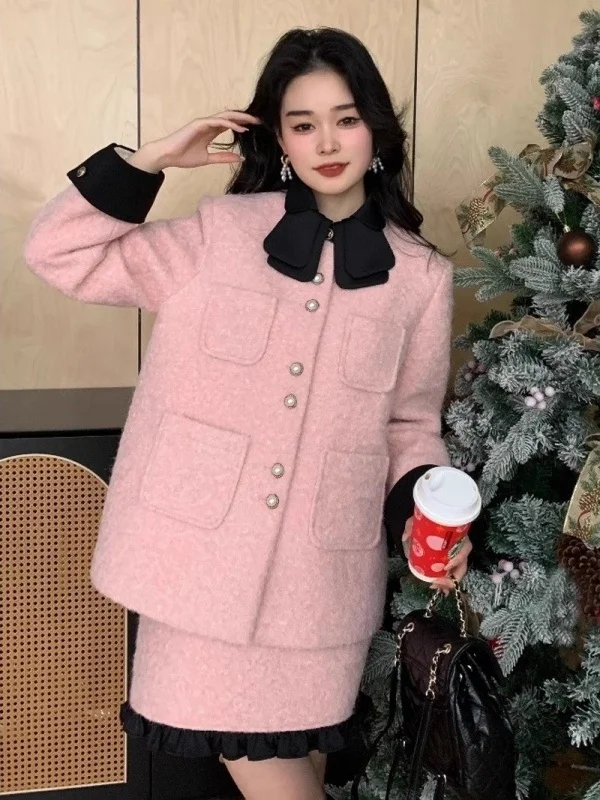 

Комплект из двух предметов: розовое шерстяное пальто большого размера и юбка с высокой талией для женщин – милый молодежный зимний модный ансамбль