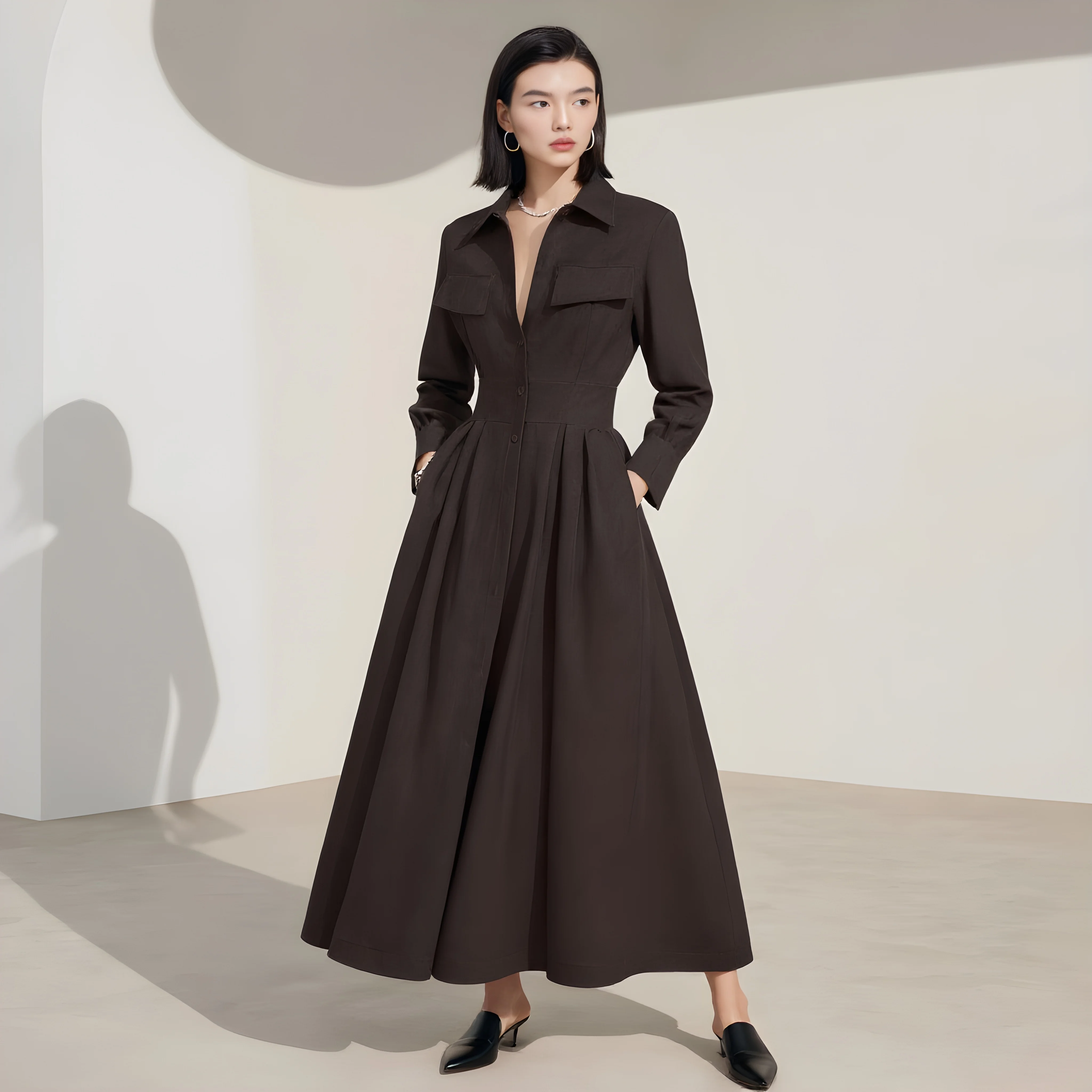 Lose Fit Mid-Länge Kleid Herbst Winter Kleidung Mit Hemd Kragen Gerade Hülse Casual Stil frauen Rock Typ kleid