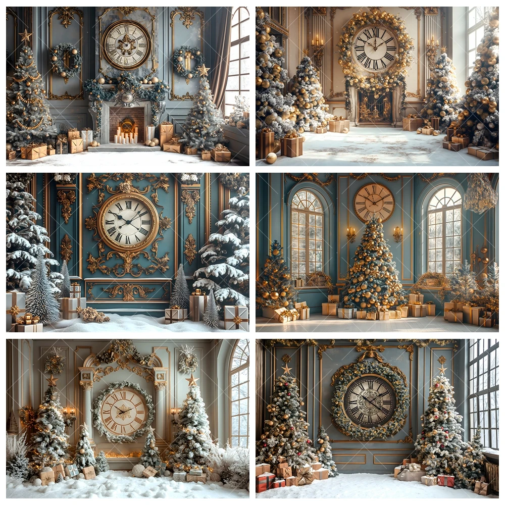 2024 New Christmas Photography Background Custom Winter Gold Clock Xmas Tree Indoor Family Party Decoration Backdrop Banner Prop