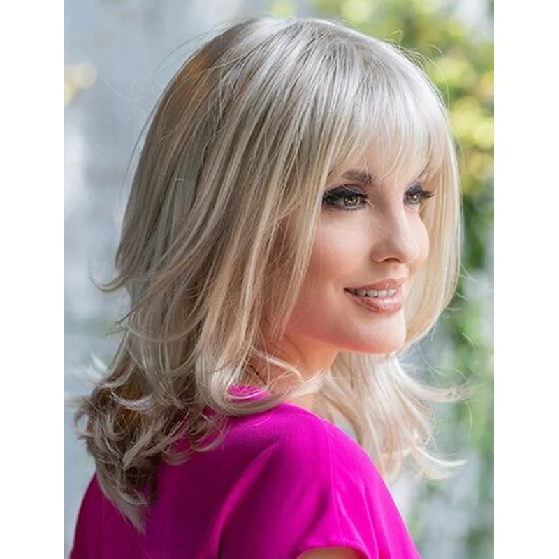 Honey Blonde Mix Layered Cut Wave Wig with Bangs for Women Natural Looking Wigs