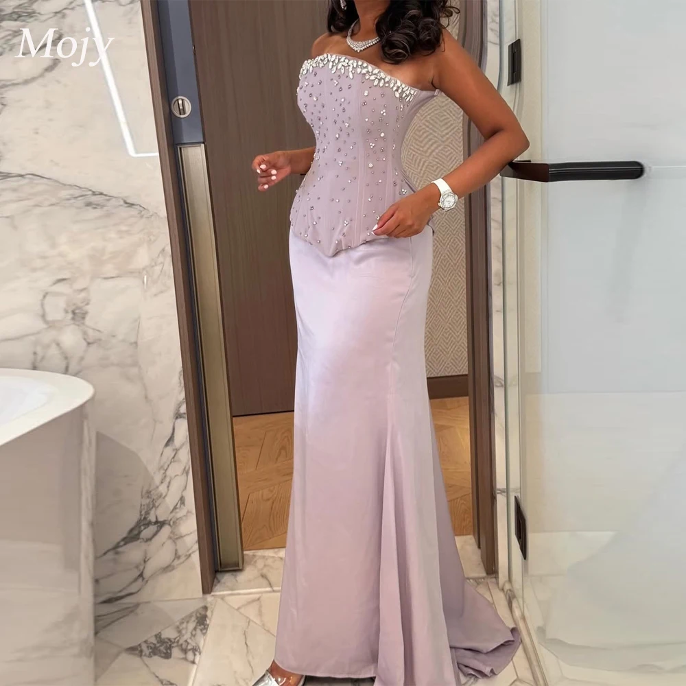 

Mojy Purple Strapless Rhinestones Prom Dresses Crystal Sleeveless vestidos de noiva Customized Elegant Mermaid Formal Evening