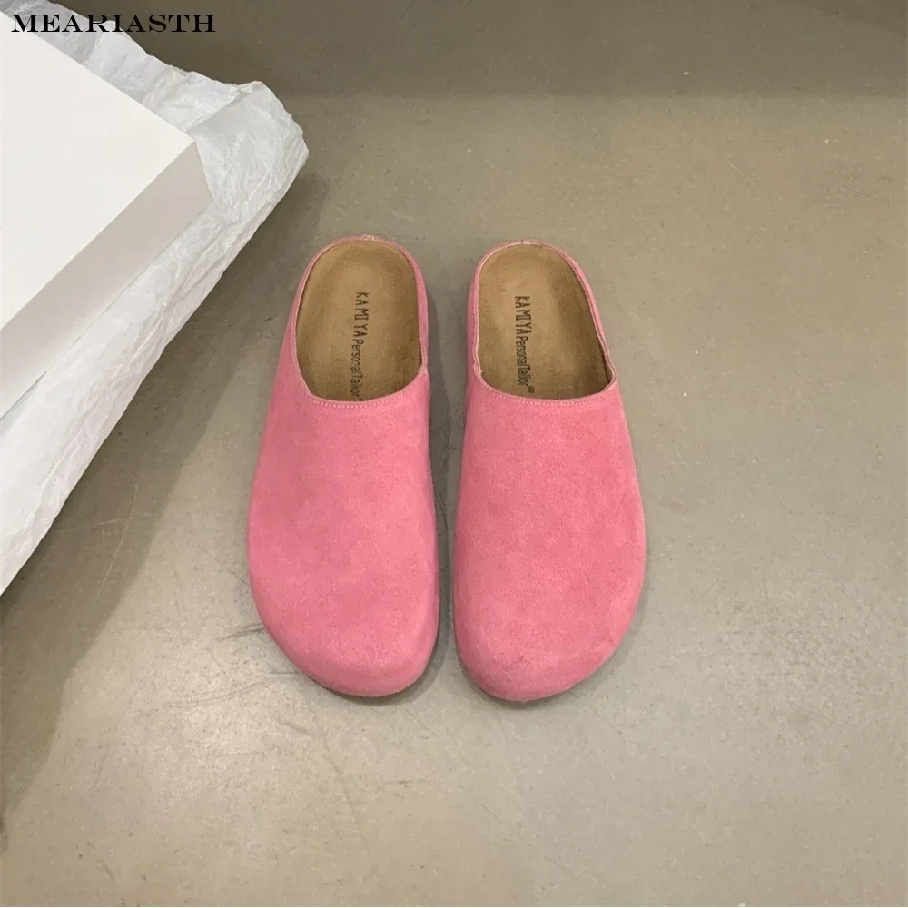 Sapatos femininos de mules em camurça, chinelos planos, dedo do pé redondo, sola grossa, slides de conforto casual, criança, alta qualidade, novo, 2022