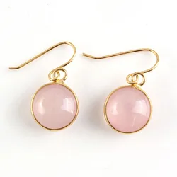 Women 13MM Round Natural Gem Stone Bead Dangle Earrings Girl Fashion Gold Color Copper Aventurine Pink Quartz Hook Drop Earring