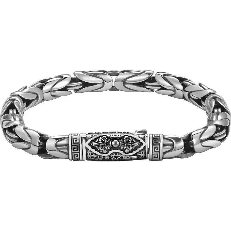 

S925 Sterling Silver Six Character Mantra Diamond Pestle Woven Safety Pattern Bracelet, Men's Retro Ethnic Style Retro Pattern