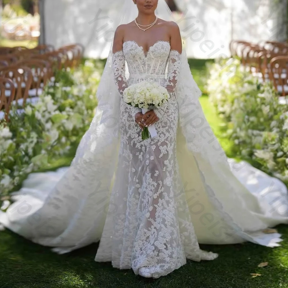 

Изысканное свадебное платье-русалка из атласа с кружевными аппликациями цвета слоновой кости, сексуальное, со съемным шлейфом и бантом, высококачественное, для выпускного вечера и торжеств