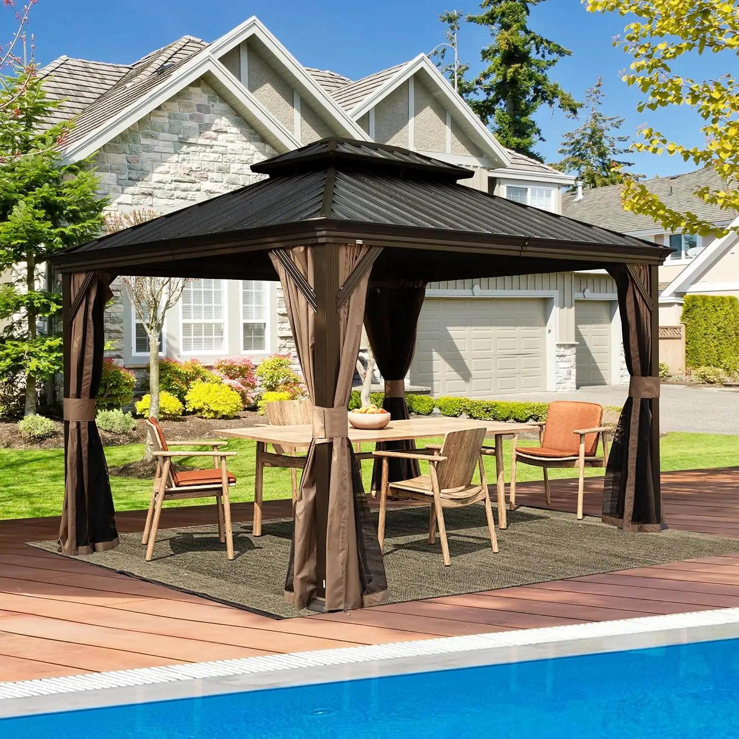 10' x 12' Outdoor Hardtop Gazebo, Upgraded Heavy Duty Metal Pavilion with Galvanized Steel Double Roof, Permanent Canopy for Patio, Lawn and Garden, Brown, Curtains and Netting Included