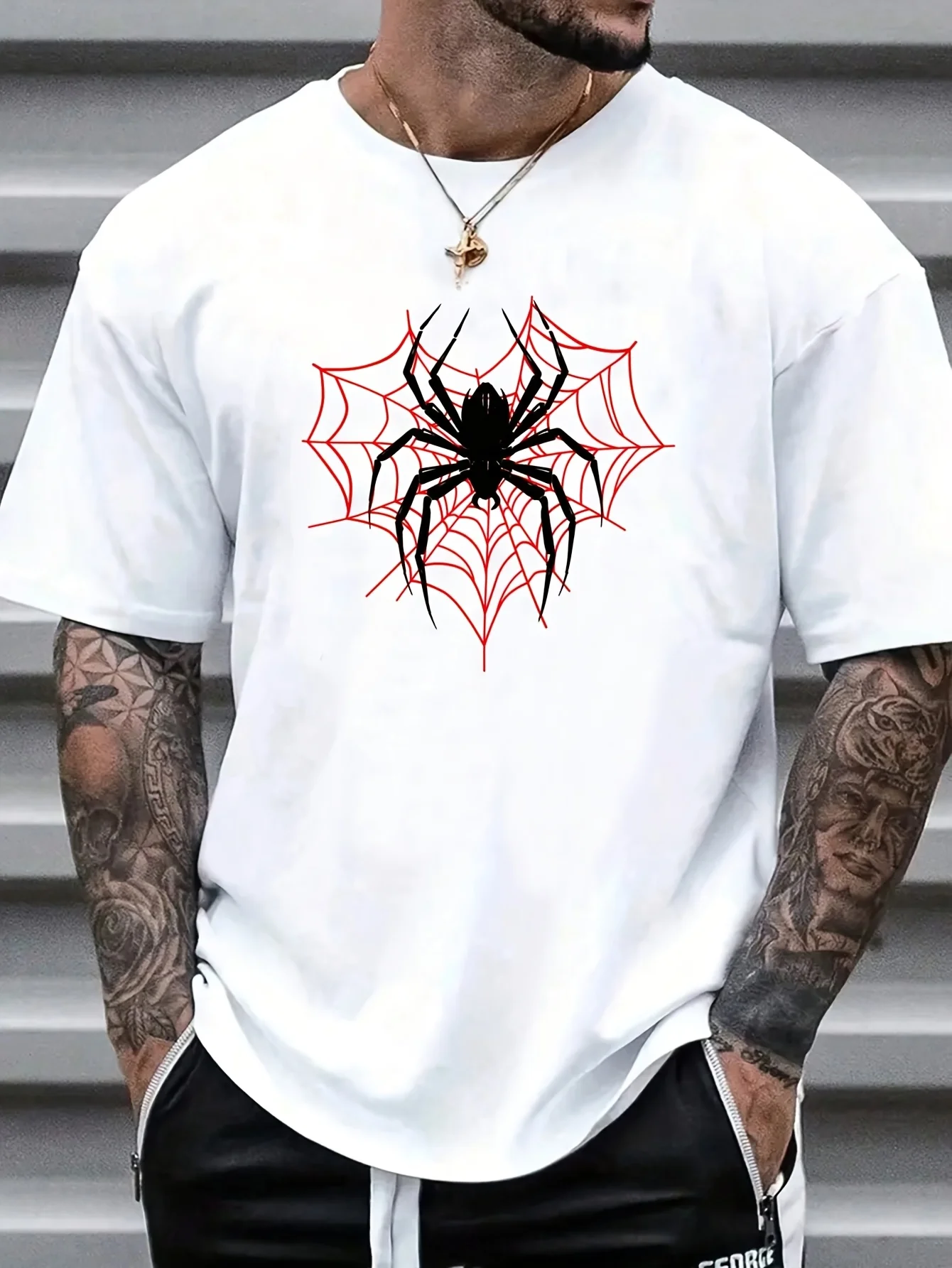 Children's T-shirt with Red Spider Web and Black Spider Pattern Print - Casual Round Neck Summer Top for Daily Parent-child Wear
