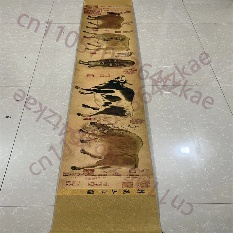 

CChina Ancient Picture Paper,Five Bulls Diagram, Long Scroll Painting