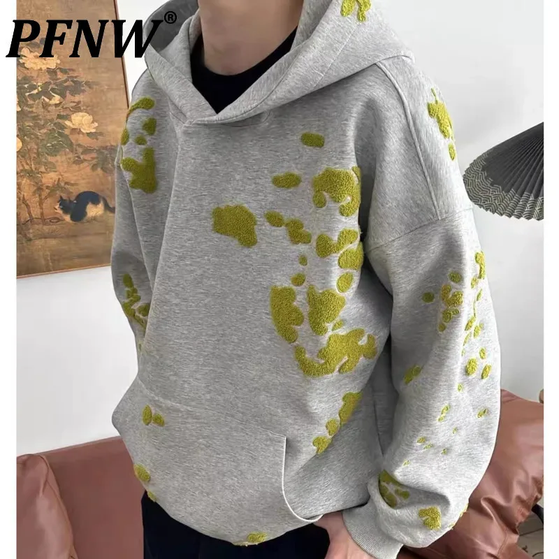 PFNW Embroidered Moss Grey Hooded Sweatshirt For Men 2024 Autumn New Loose Silhouette Heavyweight Brushed Hoodiep Tops 12C1131