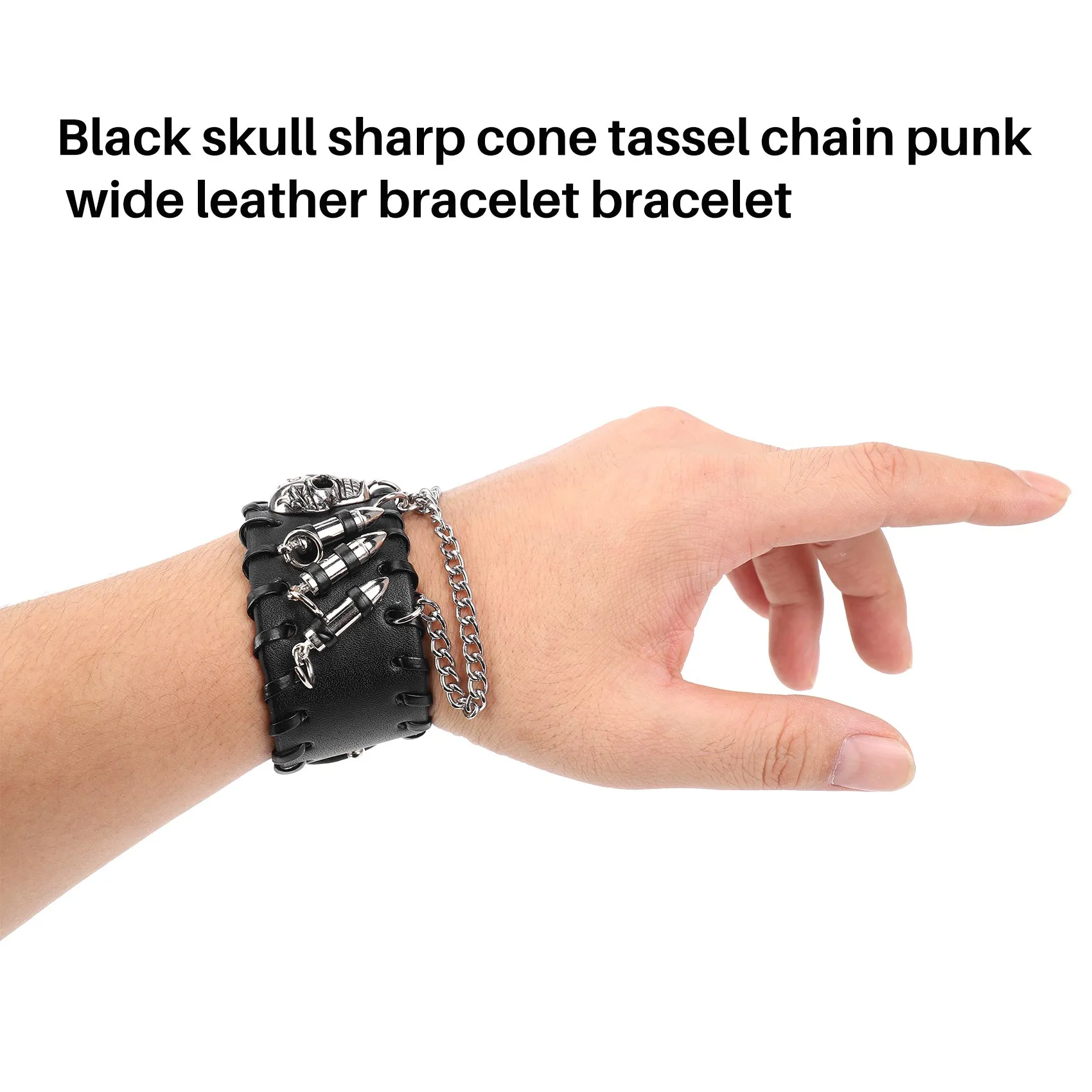 Black Men's Gothic PU Leather Bullet Skull Chain Wristband Bracelets for