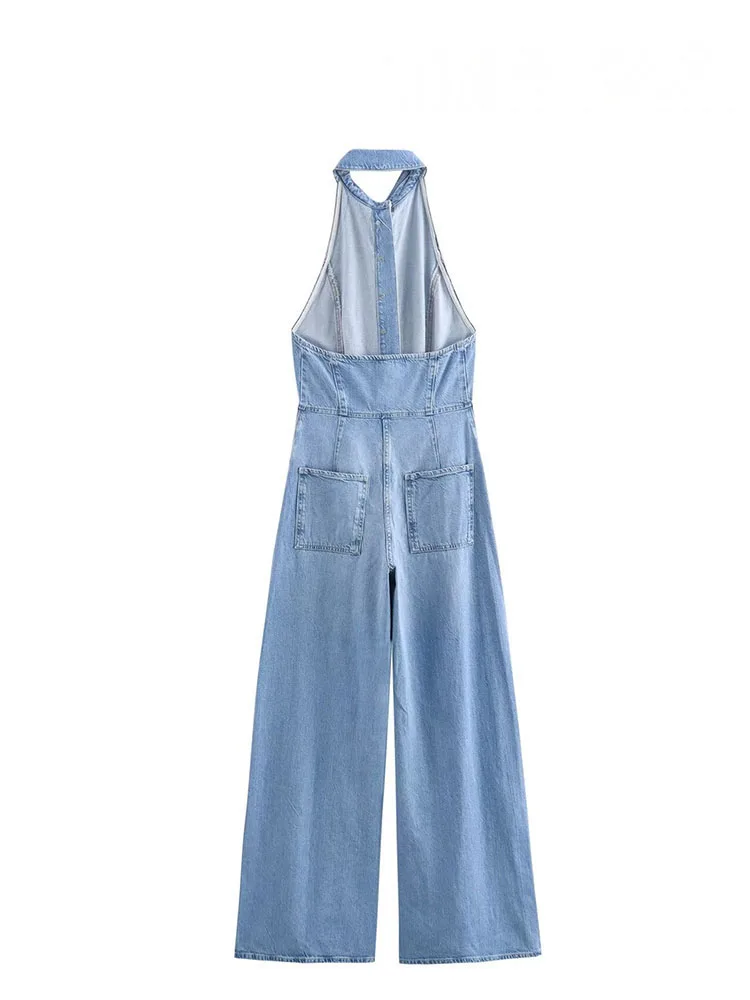 ​​HH Women Fashion Jumpsuit Denim Blue Sleeveless Backless Pockets Single Breasted Female Summer High Street Jumpsuits
