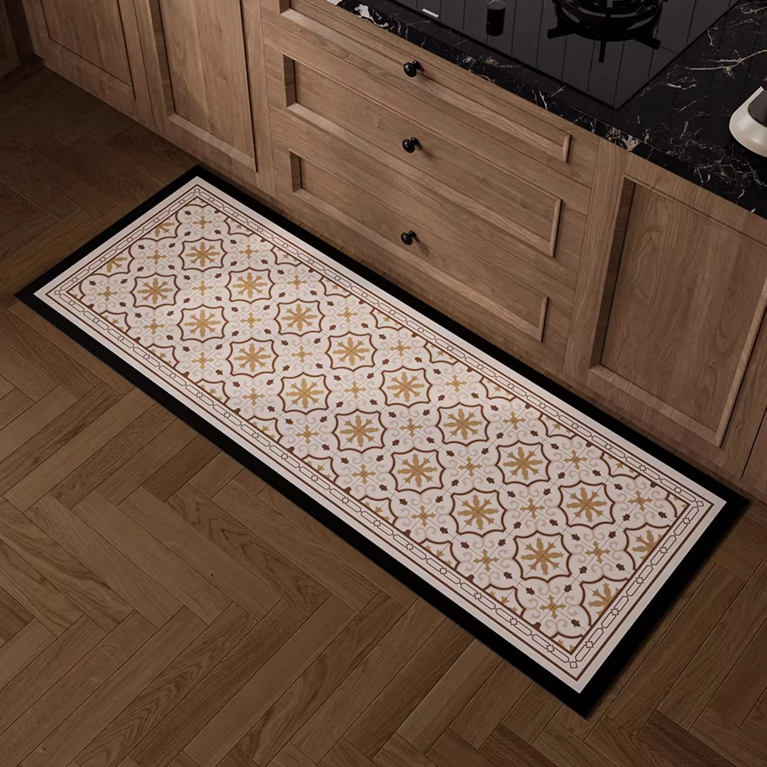 

Retro Kitchen Carpet Oil-proof Waterproof PVC Leather Washable Kitchen Floor Mat Long Strip Runner Kitchen Rugs Home Decoration