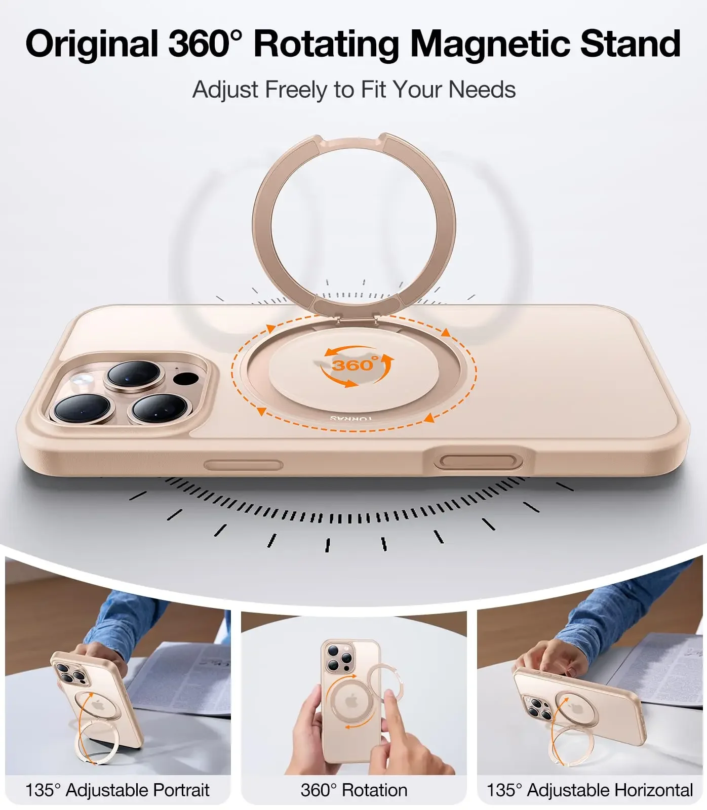 TORRAS Q1S Desert Titanium Color for iPhone 16 Pro Max 16 Pro Case, 360° Rotating Magnetic Ring, Frosted Back Phone Case