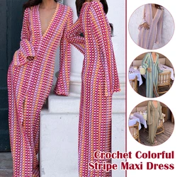 Color Crochet Stripe Maxi Dress Women Flare Sleeve V-neck High Split Sexy Lace Long Dresses Spring Summer Beach Banquet Vestidos