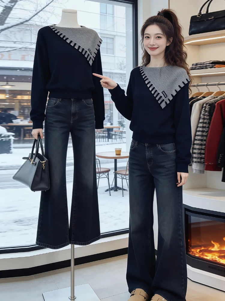 

Американский асимметричный длинный свитшот в стиле ретро, уникальный цветной дизайн Blo, женский осенне-зимний облегающий повседневный вязаный топ