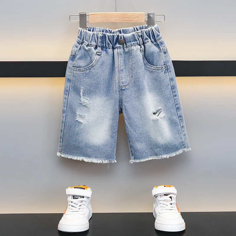 Boy Shorts 2024 Summer New Ripped Denim Tide Versatile Comfortable Active Kids