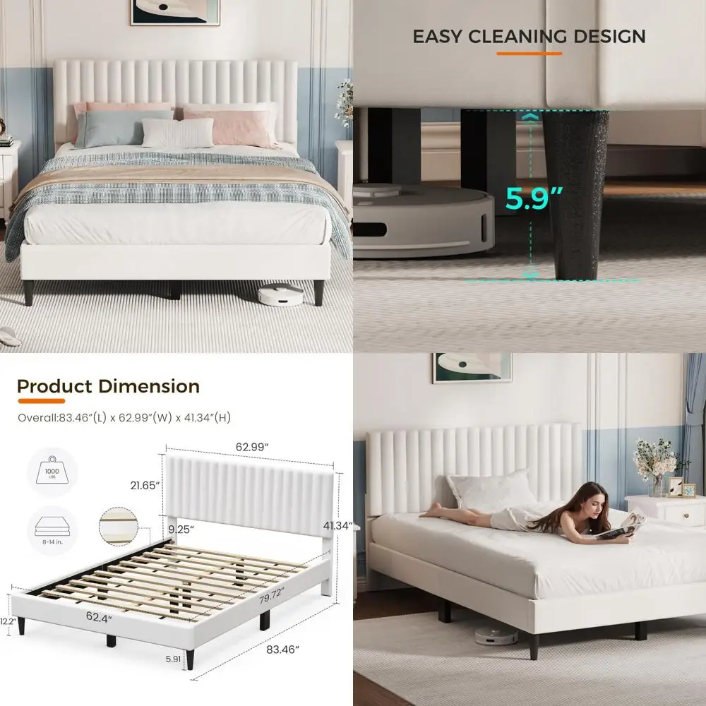 إطار سرير بمنصة كوين مغطاة بالمخمل مع لوح رأسي ودعم شرائح خشبية وأساس مرتبة صامتة